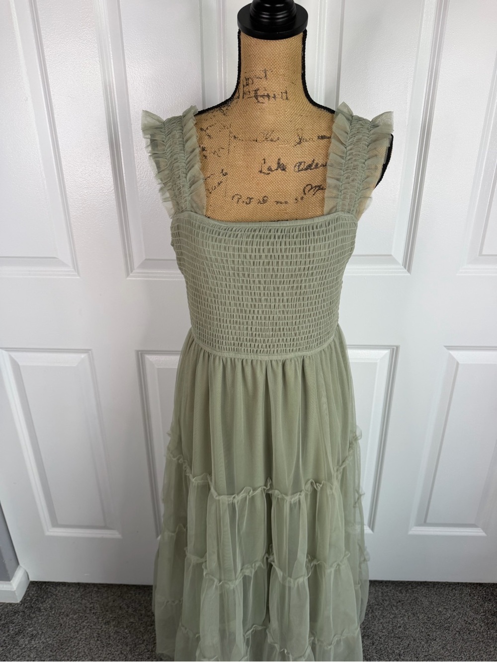 PrettyGarden Sage Green Smocked Tiered Maxi Dress Size L Ruffle Strap NWOT - Picture 3 of 11